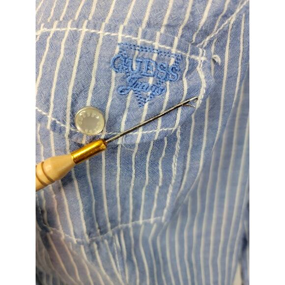 Guess Los Angeles Shirt Womens SZ M Blue White Striped Long sleeve Snap Pocket - Picture 8 of 13